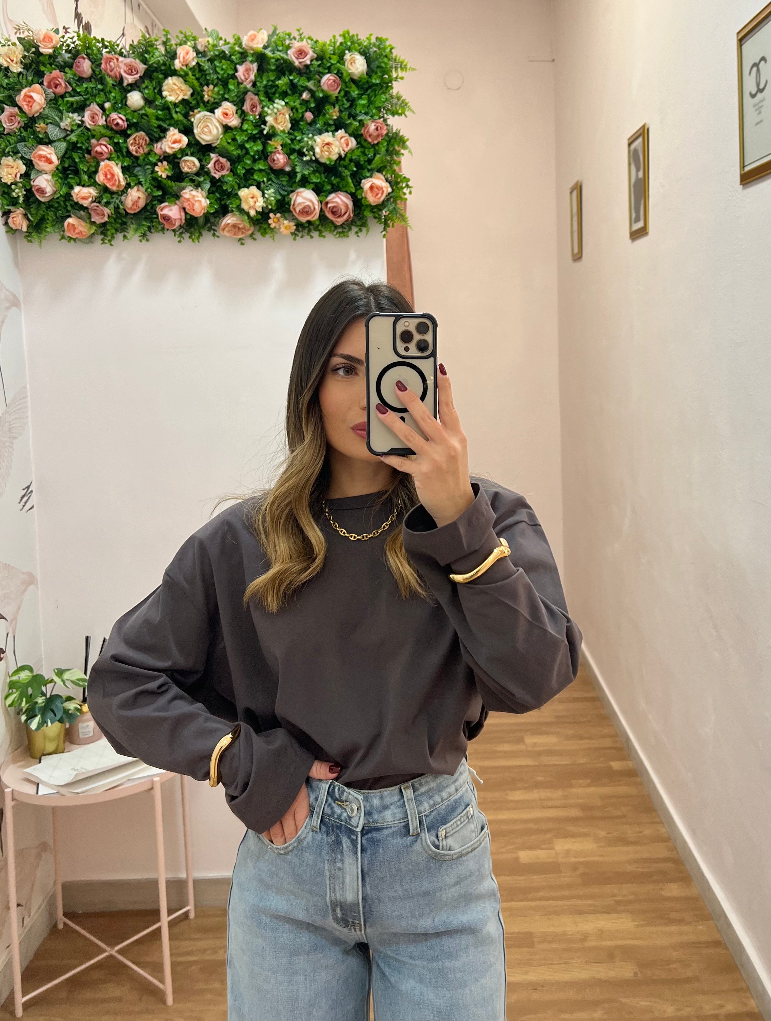 Maglia in cotone con spalline da donna, marrone