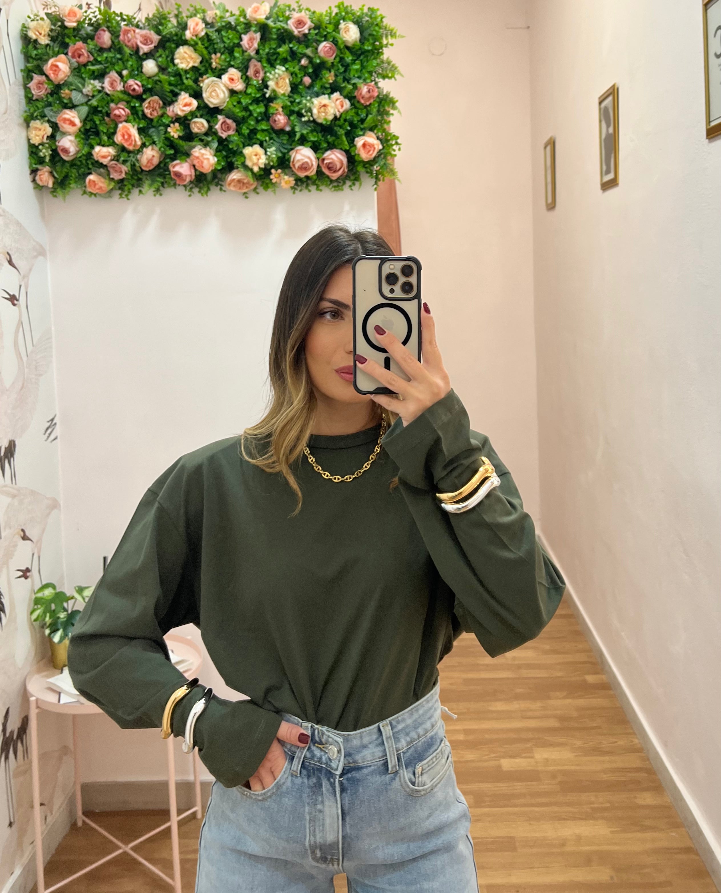 Maglia in cotone con spallina da donna, verde militare