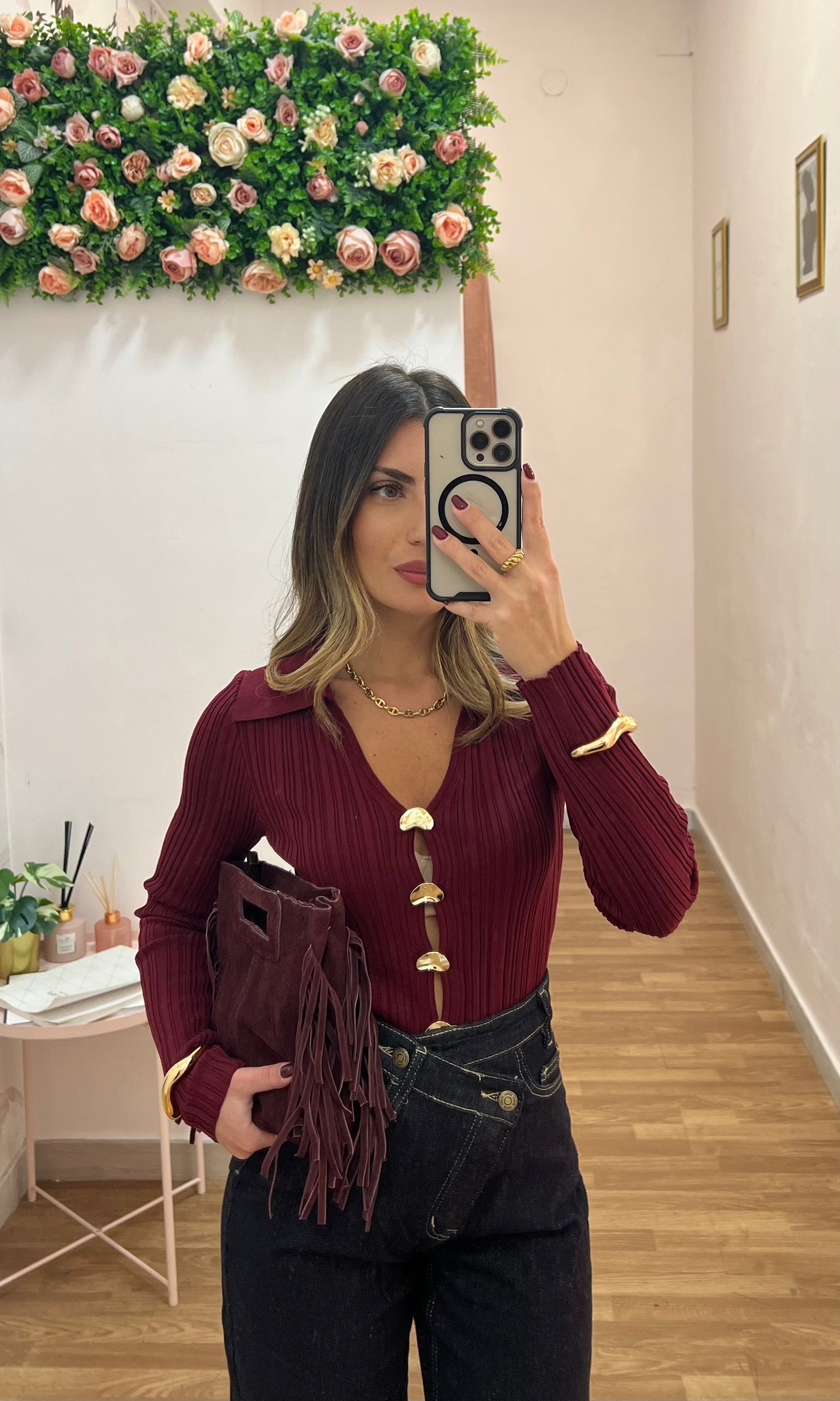 Polo da donna in filo, con bottoni oro,bordeaux