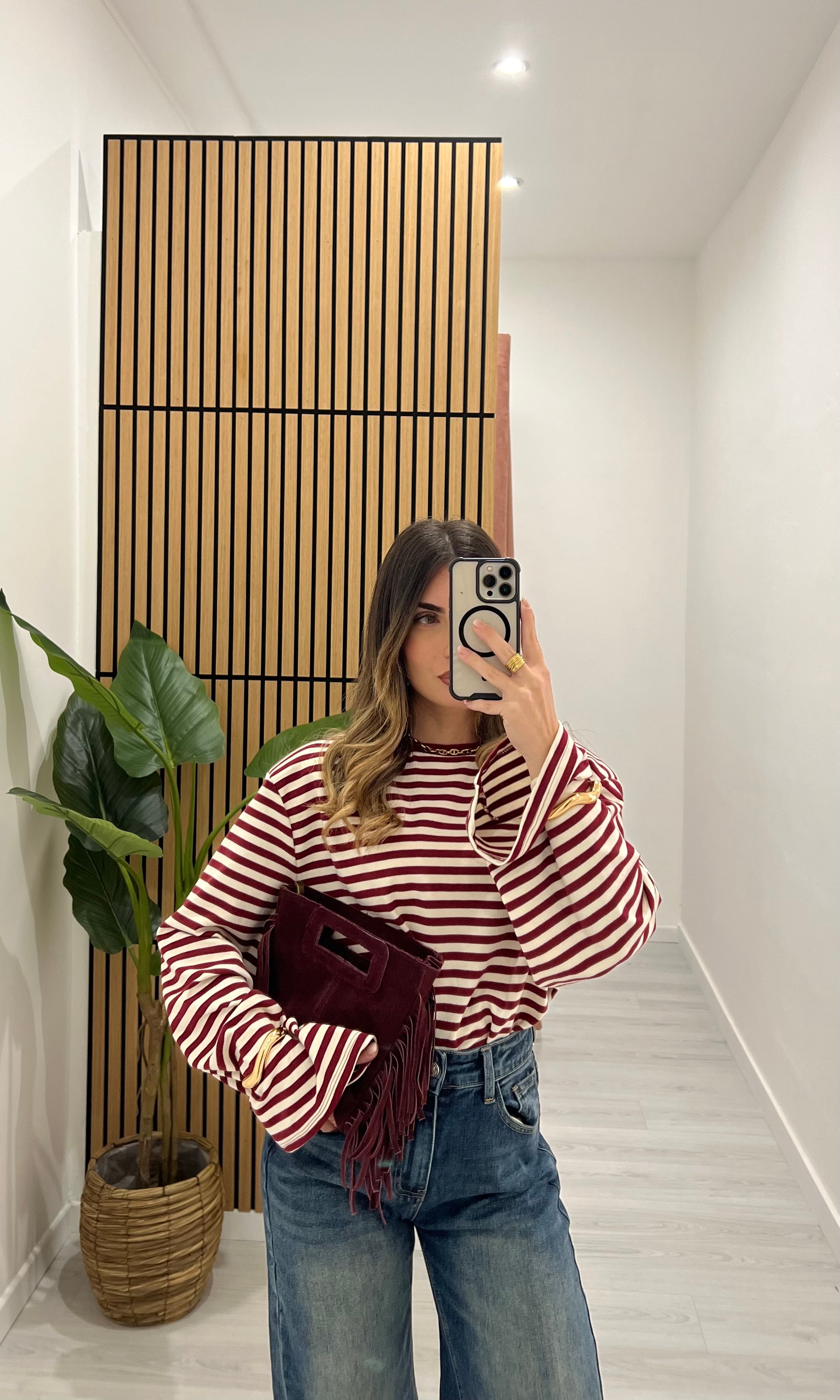 MAGLIA A RIGHE CON SPALLINA BORDEAUX/BIANCA