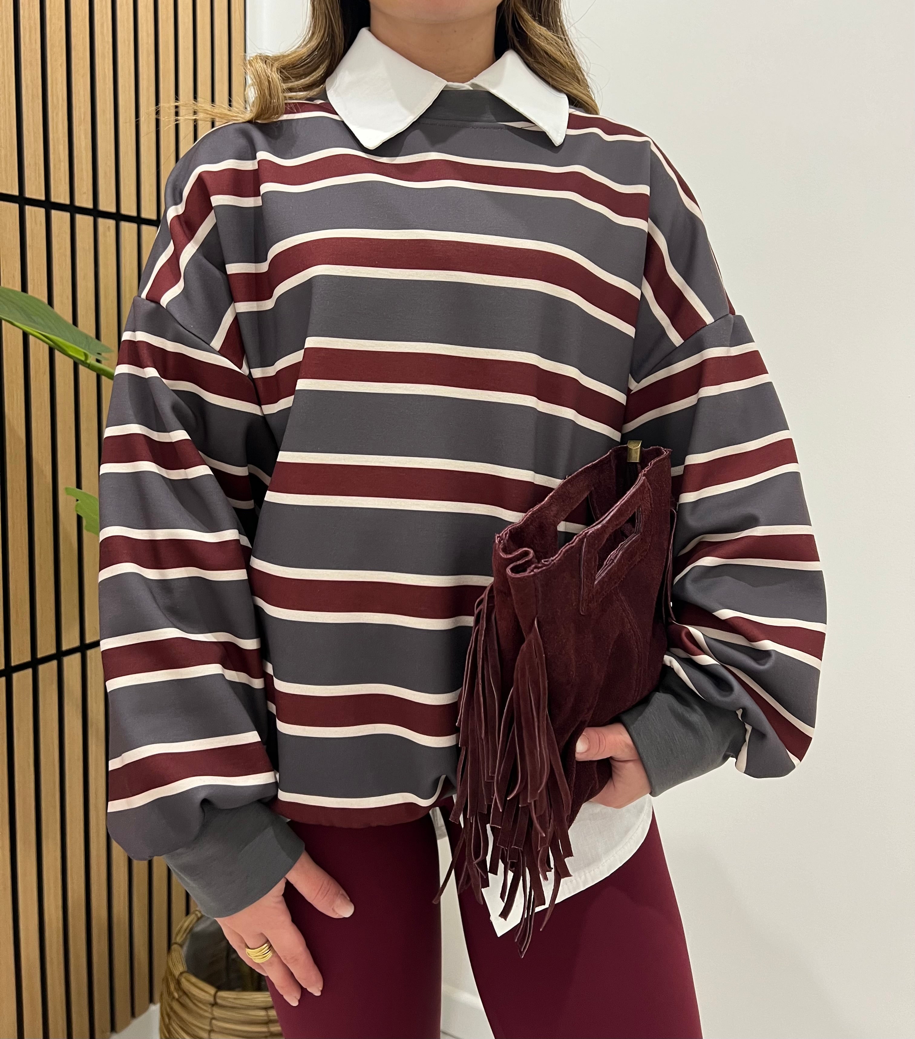 FELPA RIGHE BORDEAUX\GRIGIA