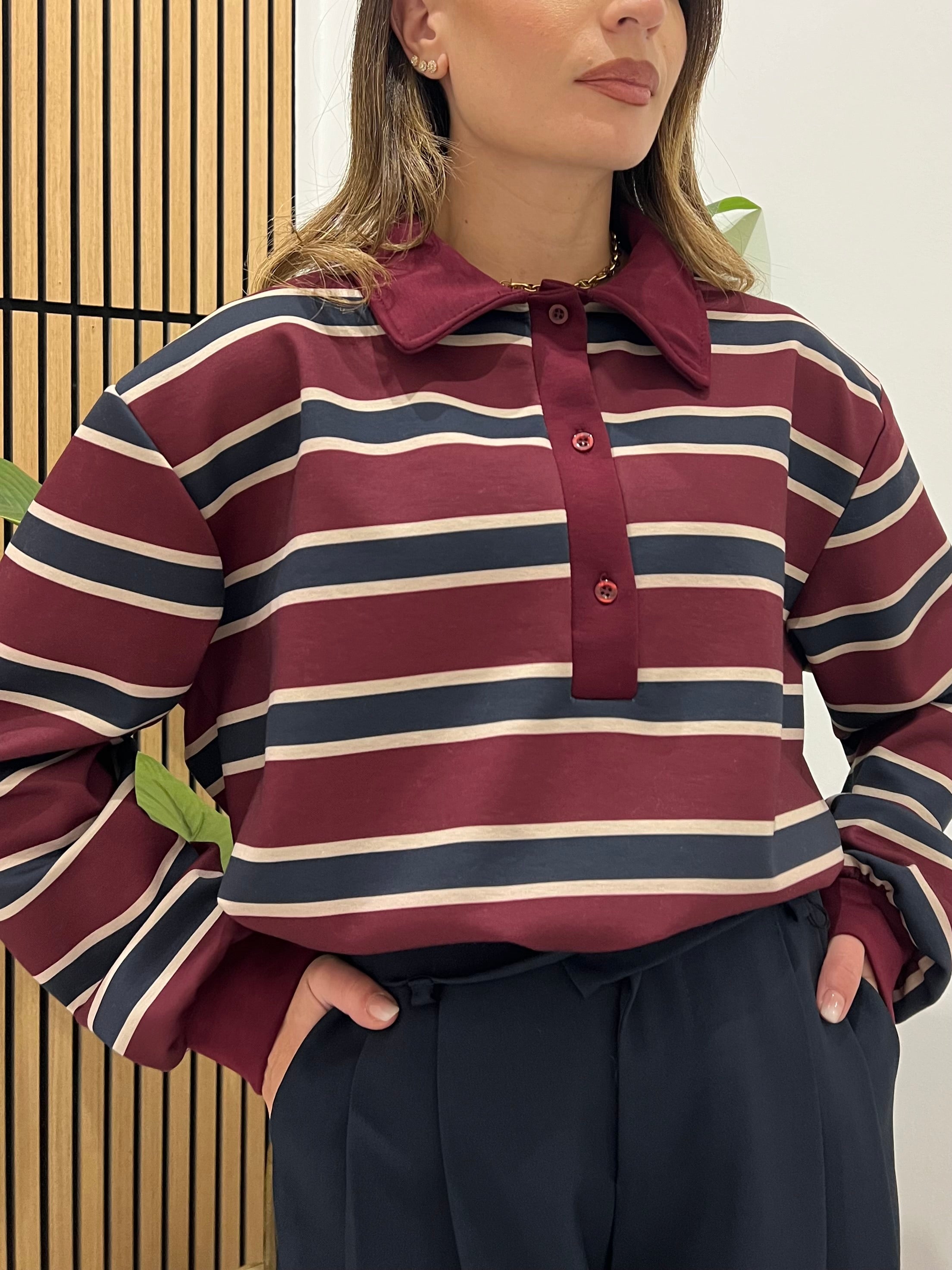 FELPA A RIGHE CON COLLETTO BORDEAUX/BLU