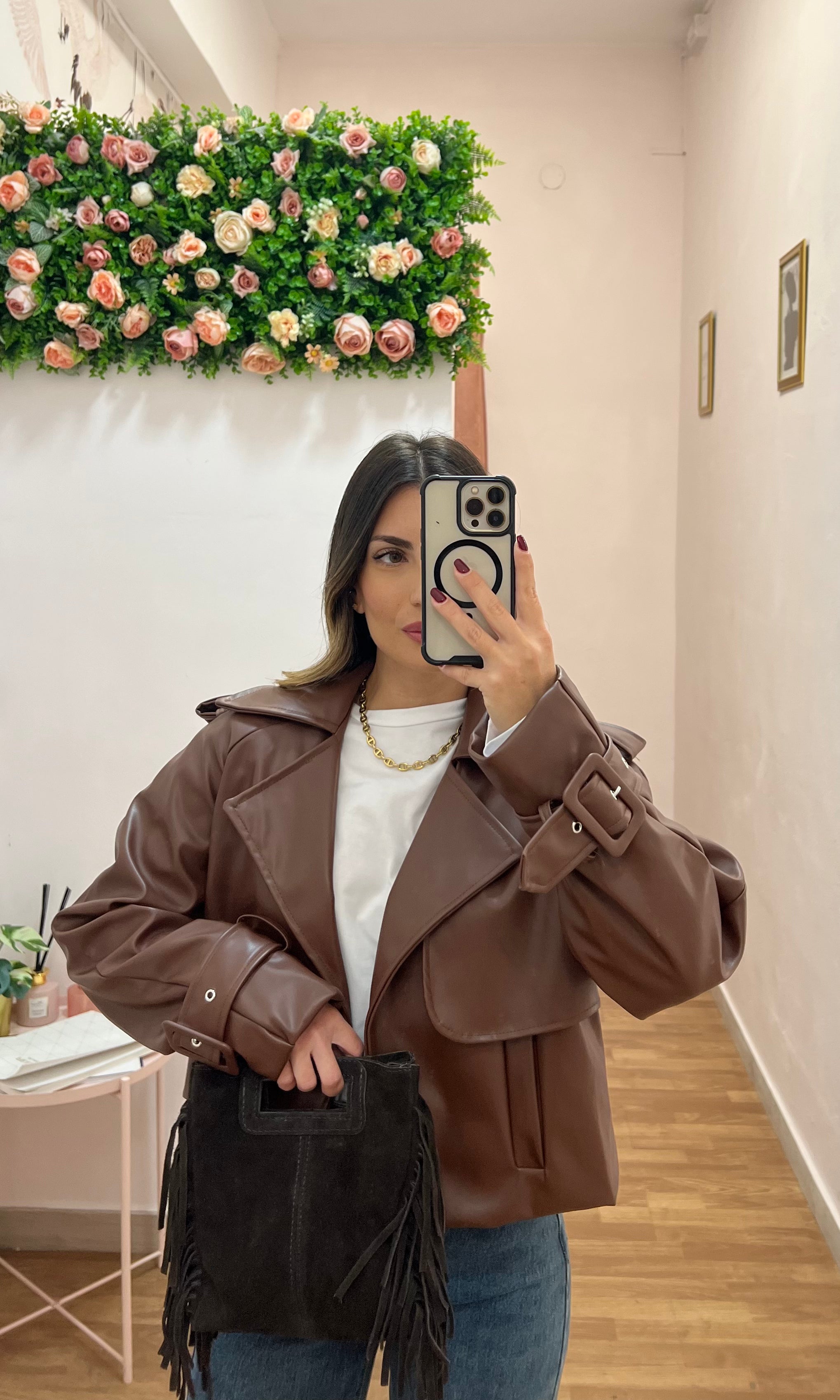 Trench crop da donna eco pelle