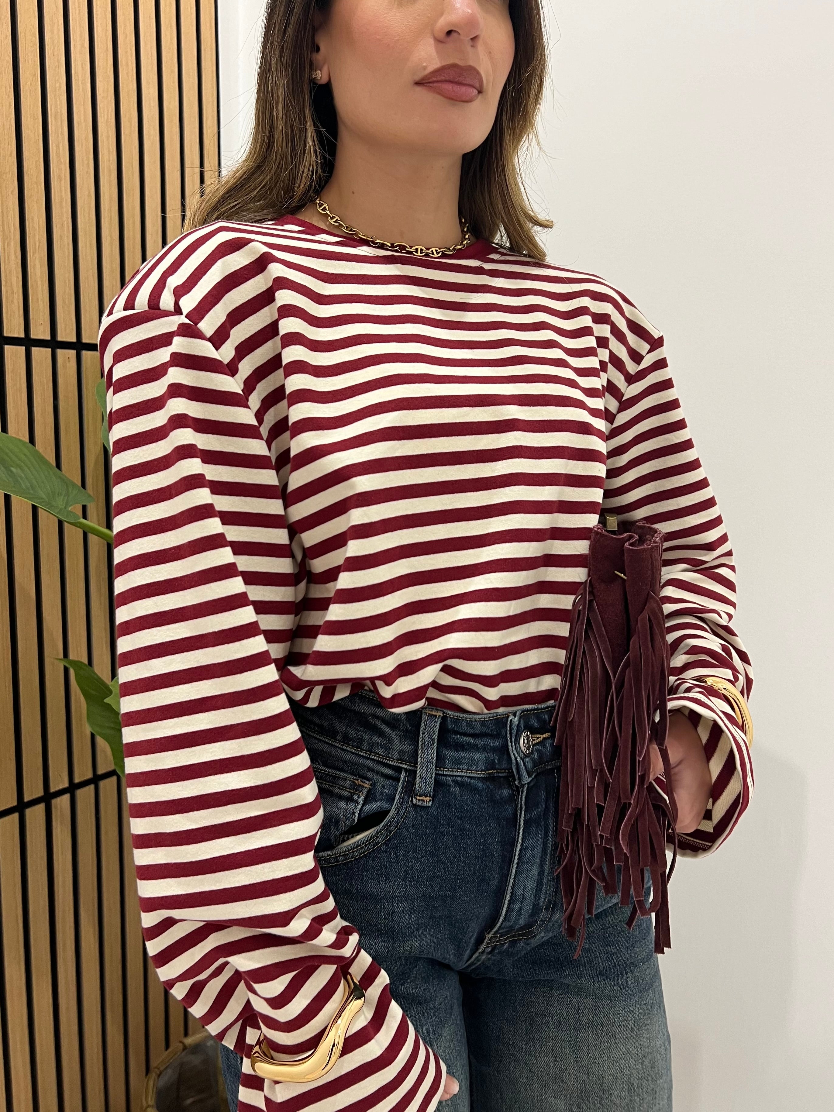 MAGLIA A RIGHE CON SPALLINA BORDEAUX/BIANCA