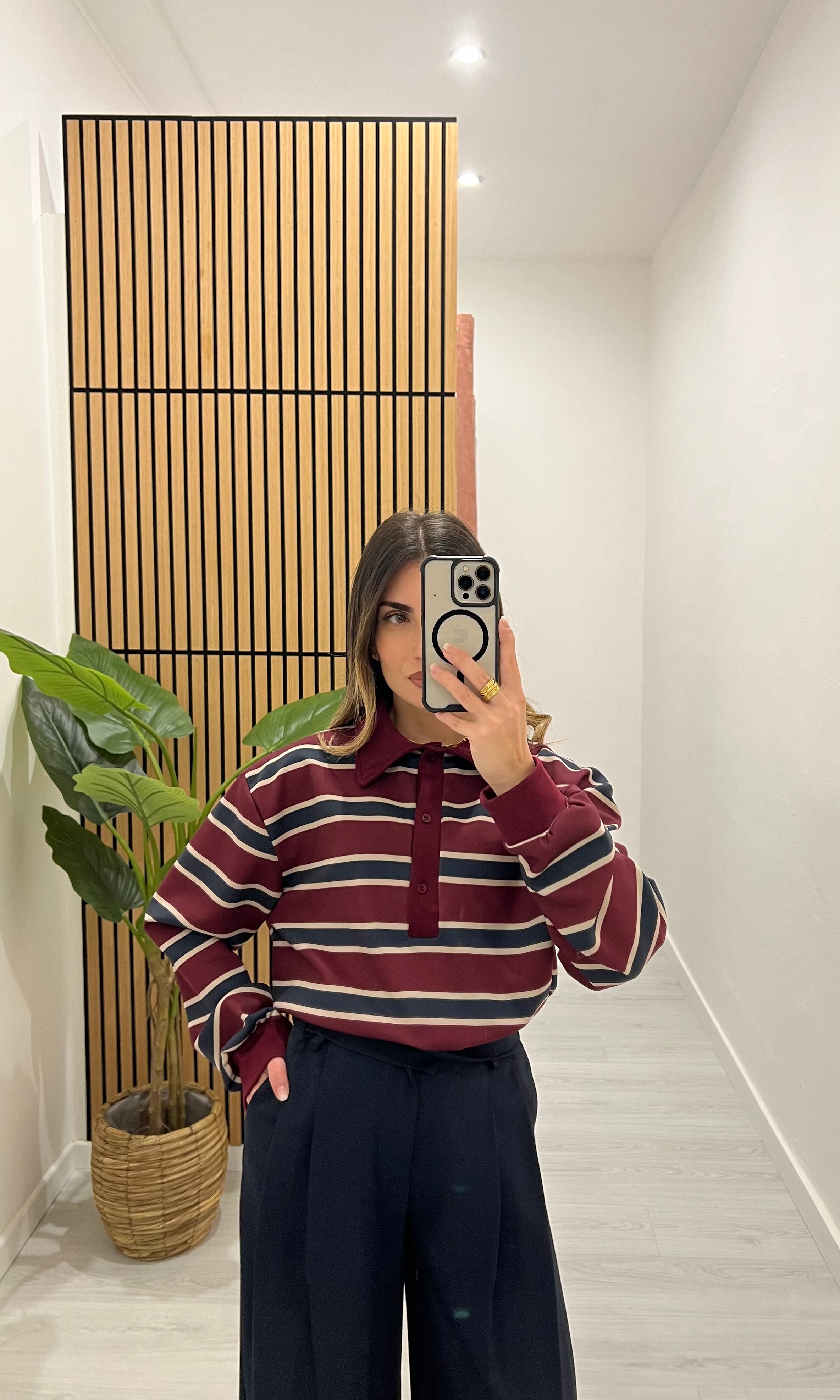 FELPA A RIGHE CON COLLETTO BORDEAUX/BLU