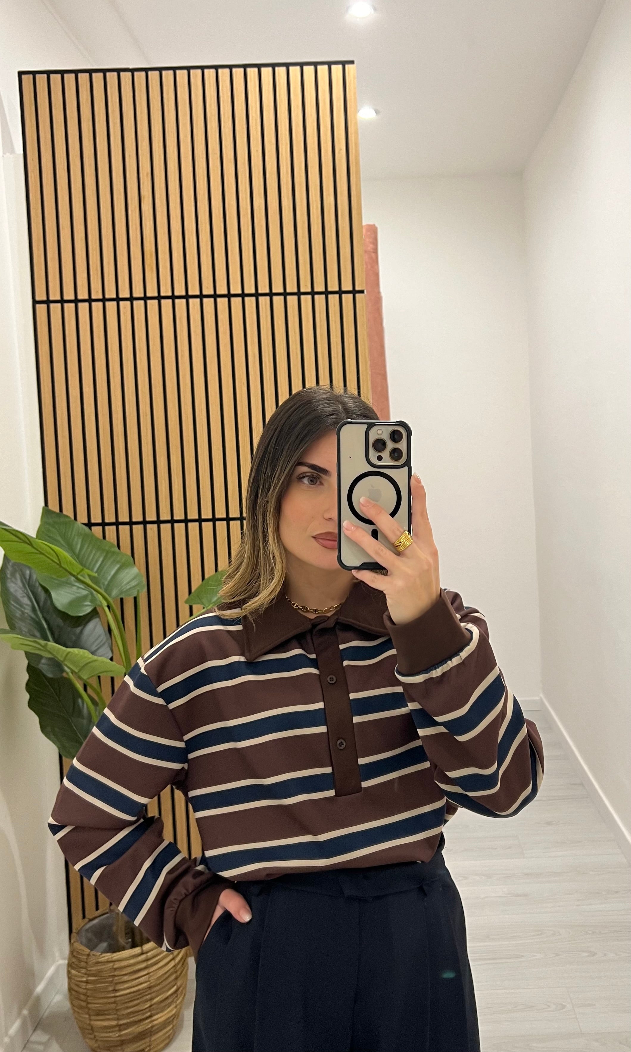 FELPA A RIGHE CON COLLETTO MARRONE/BLU