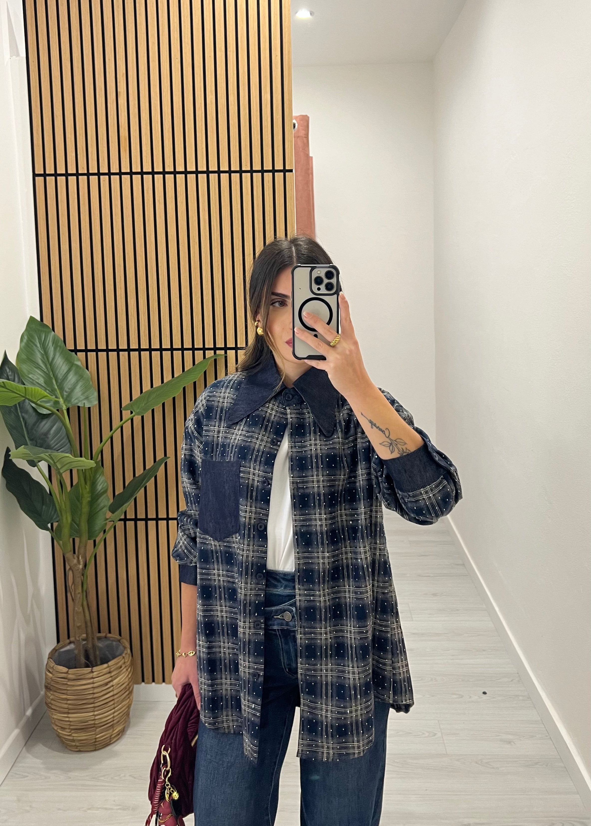 CAMICIA QUADRI STRASS BLU