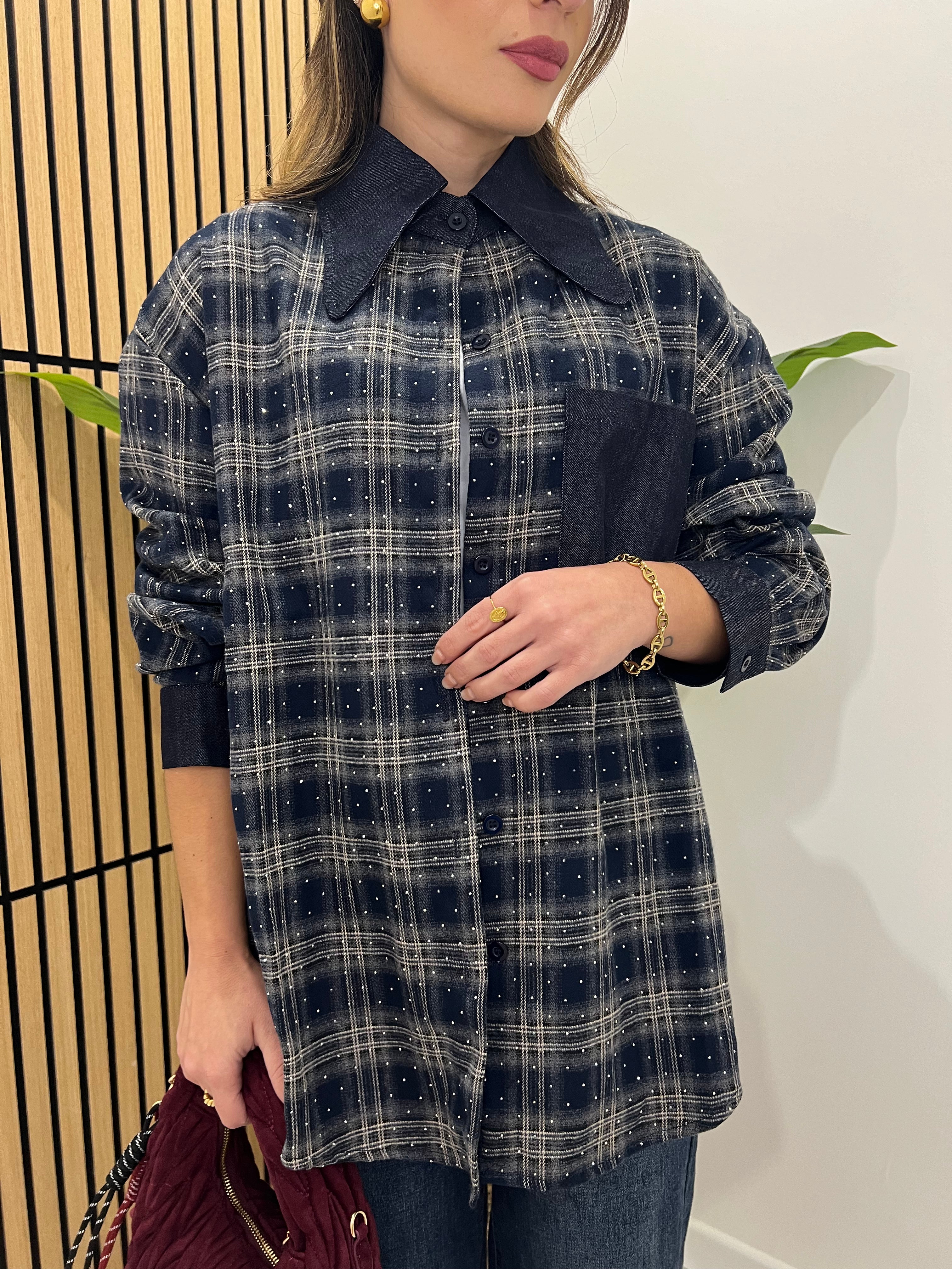 CAMICIA QUADRI STRASS BLU